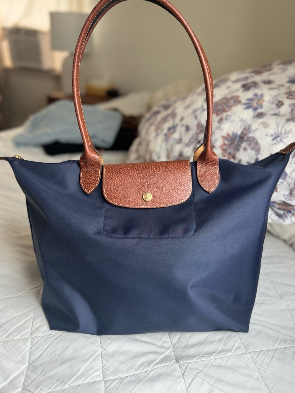 Longchamp Navy Tote with Brown Leather Trim